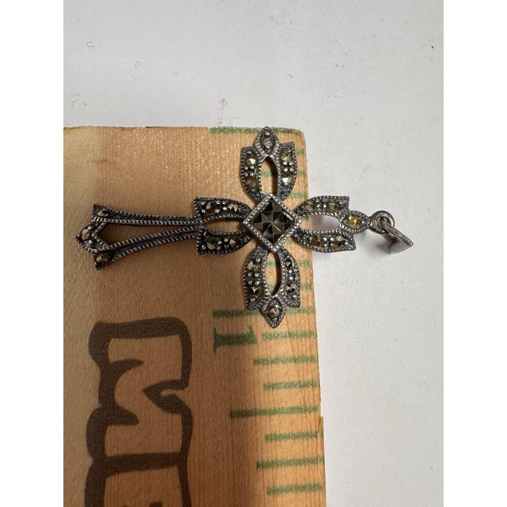 VTG 925 Sterling Silver Y2K Marcesite Whimsigoth Cross Pendant 18" Necklace - Picture 6 of 7